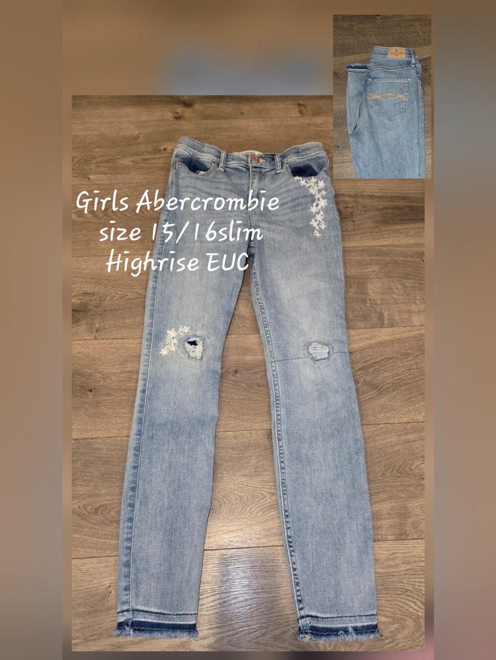 abercrombie kids Light Blue High-Rise Slim Jeans with Floral Embroidery